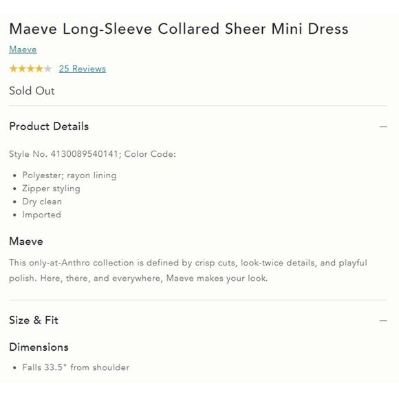 Anthropologie MAEVE Long-Sleeve Collared Sheer Mini Dress Black White M NWT $168 - Picture 6 of 7